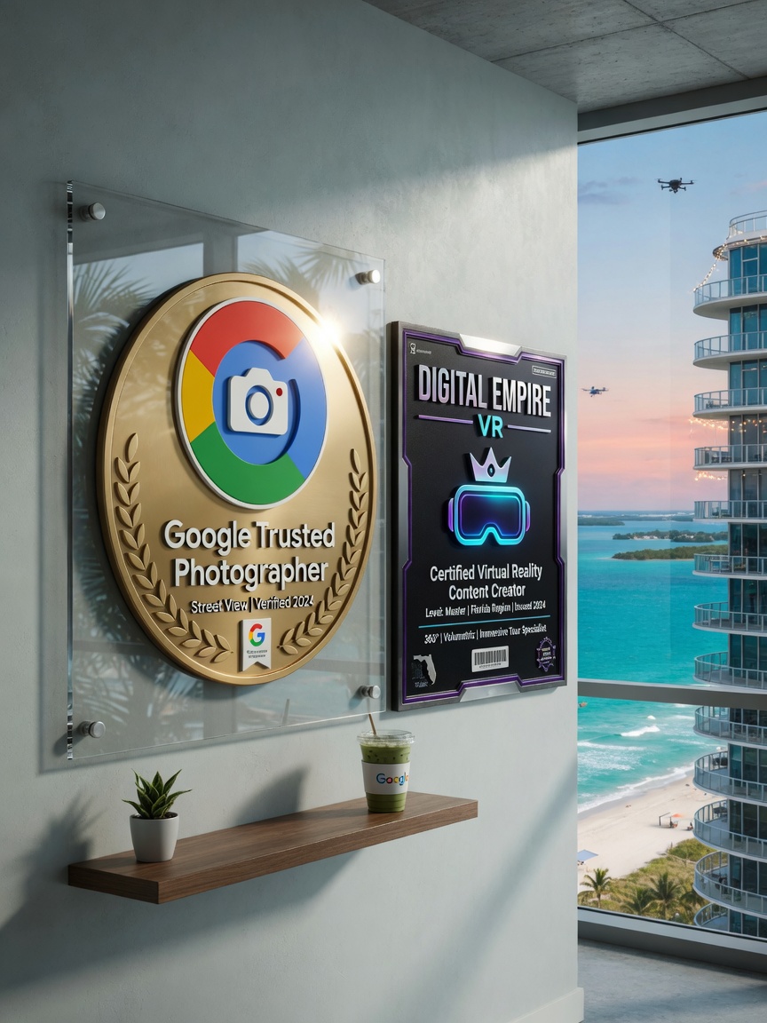 Cinematic 8K photograph of a Google Trusted Photographer badge and Digital Empire VR certification plaques displayed on a modern office wall with Florida coastal elements in background