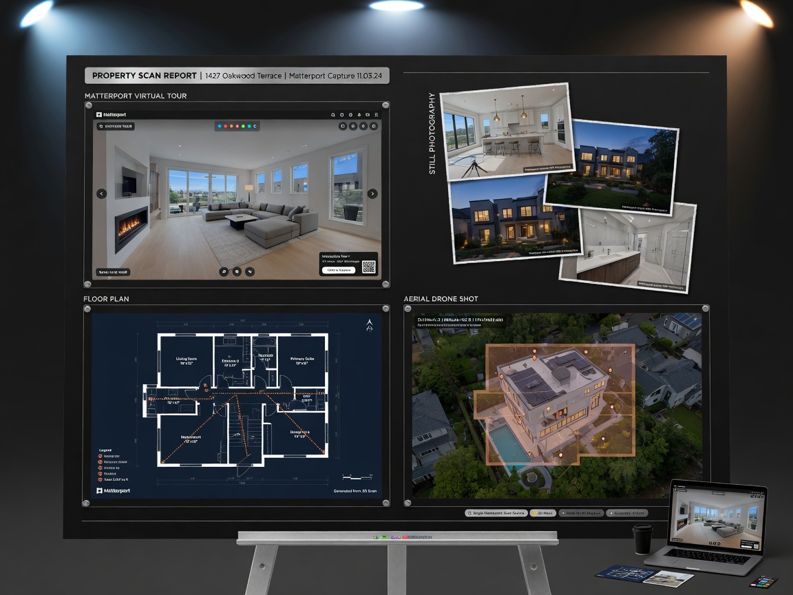 Ultra-detailed 8K visualization of multiple digital outputs from one scan including Matterport tour, floor plan, still photography, and aerial drone shot arranged in professional presentation layout