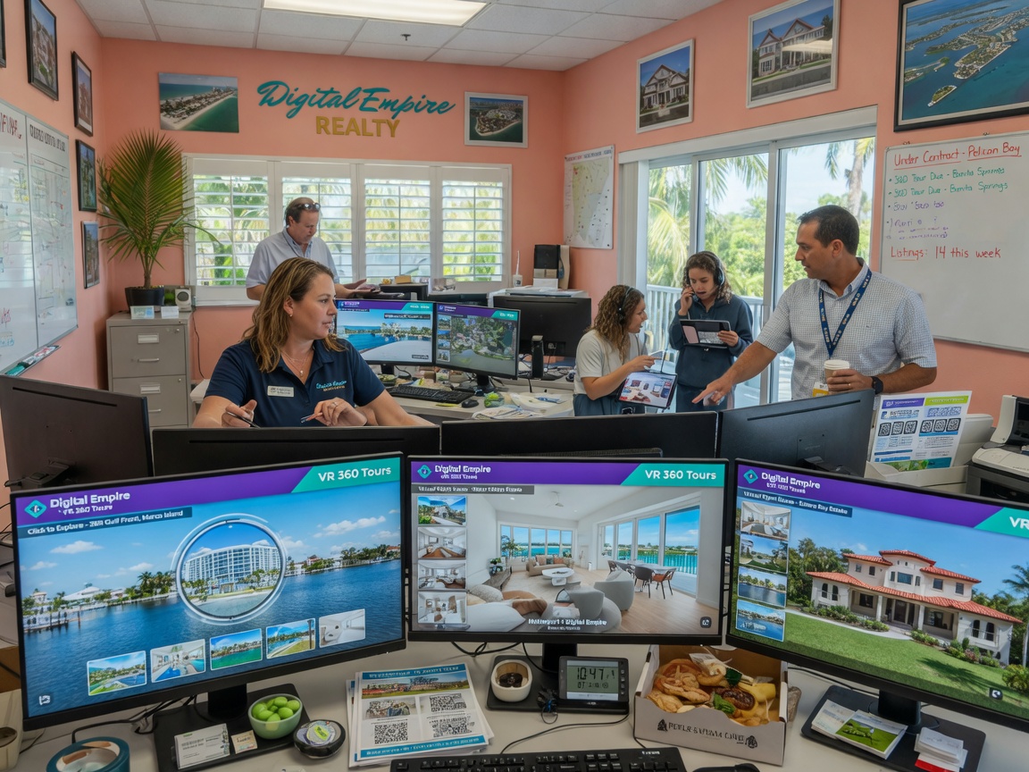 Hyper-realistic 8K image of a busy Southwest Florida real estate office with multiple computer monitors displaying Digital Empire VR 360 tours of various properties, team collaborating, natural office lighting