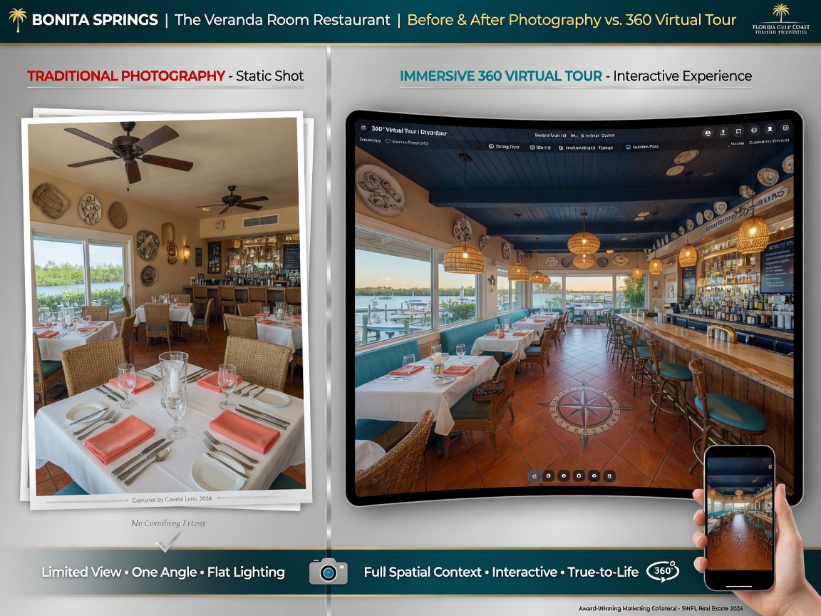 Professional 8K real estate marketing collage showing before and after comparison of traditional photography versus immersive 360 virtual tour for the same Bonita Springs restaurant interior