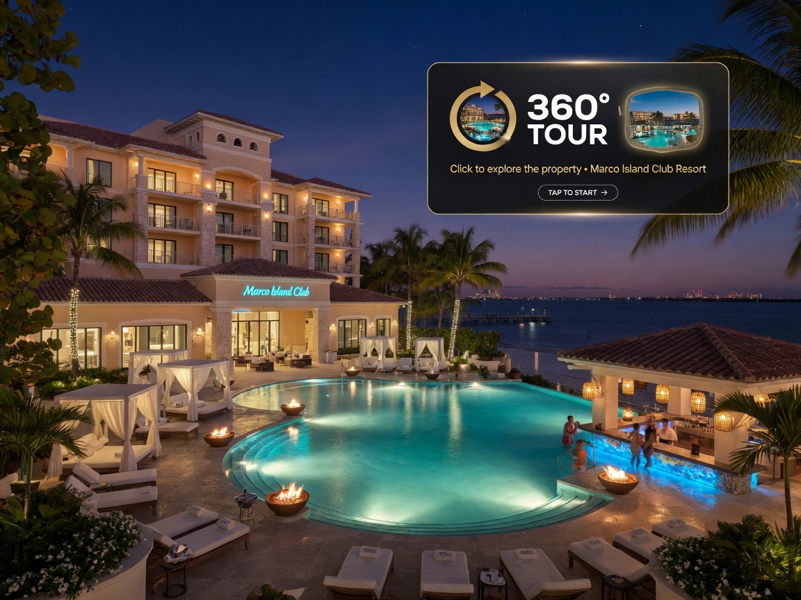 Ultra-realistic 8K night time exterior photograph of a luxury Marco Island resort property with beautifully illuminated pool area and 360 virtual tour call-to-action overlay, dramatic lighting