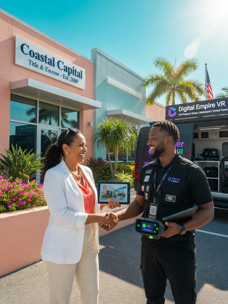Photorealistic 8K image of a happy Southwest Florida business owner shaking hands with a Digital Empire VR technician after a successful property scan, modern commercial building exterior, bright sunny day