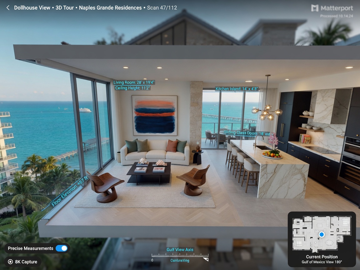 Photorealistic interior 3D virtual tour screenshot showing Matterport dollhouse view of an open concept luxury living room and kitchen in Naples Florida with Gulf of Mexico view, precise measurements overlay visible, modern furniture, 8K resolution