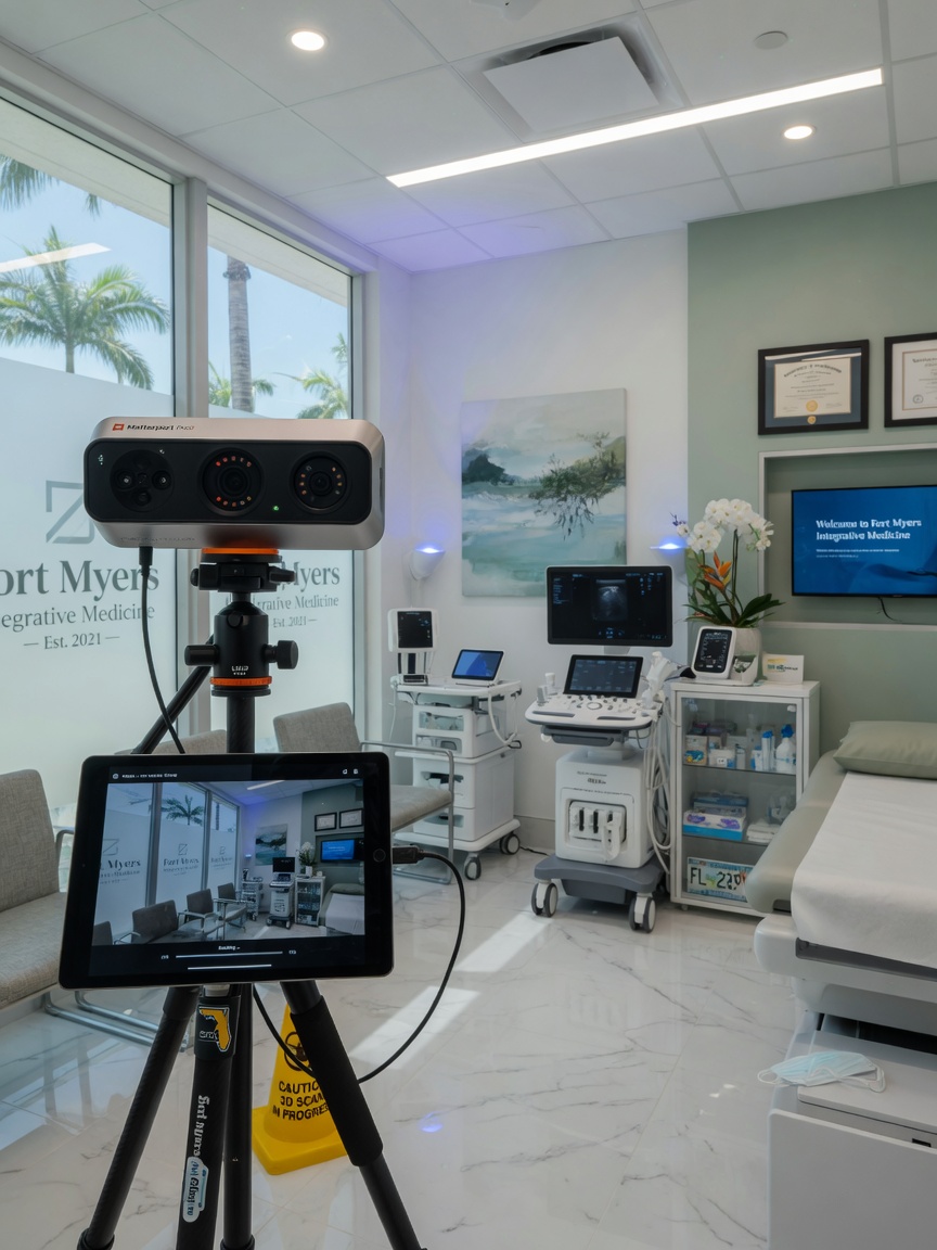 Ultra-detailed 8K image of a professional Matterport Pro3 camera on tripod scanning a high-end medical office interior in Fort Myers Florida, clean modern medical equipment visible, bright clinical lighting, realistic documentary style