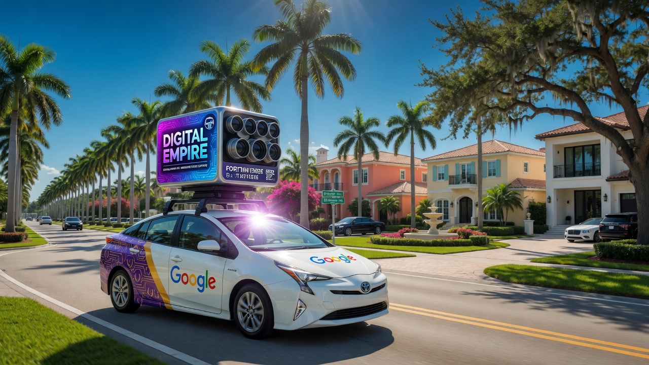 Cinematic 8K photograph of Google Street View camera car with Digital Empire VR branding driving through scenic McGregor Boulevard in Fort Myers lined with palm trees and luxury homes, bright sunny Florida day