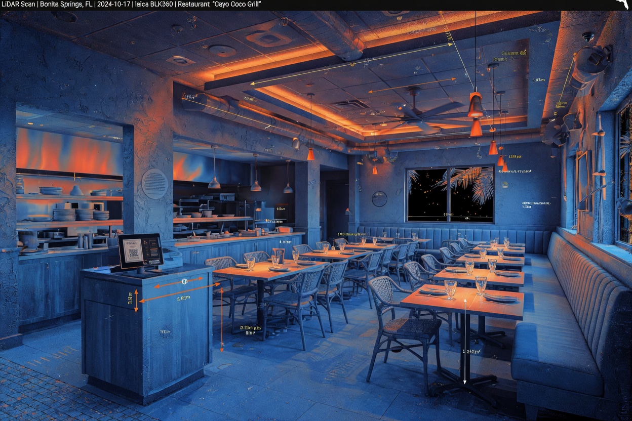 Hyper-realistic 8K rendering of a digital LiDAR point cloud scan visualization of a commercial restaurant interior in Bonita Springs Florida showing precise measurement data and architectural details in blue and orange color mapping