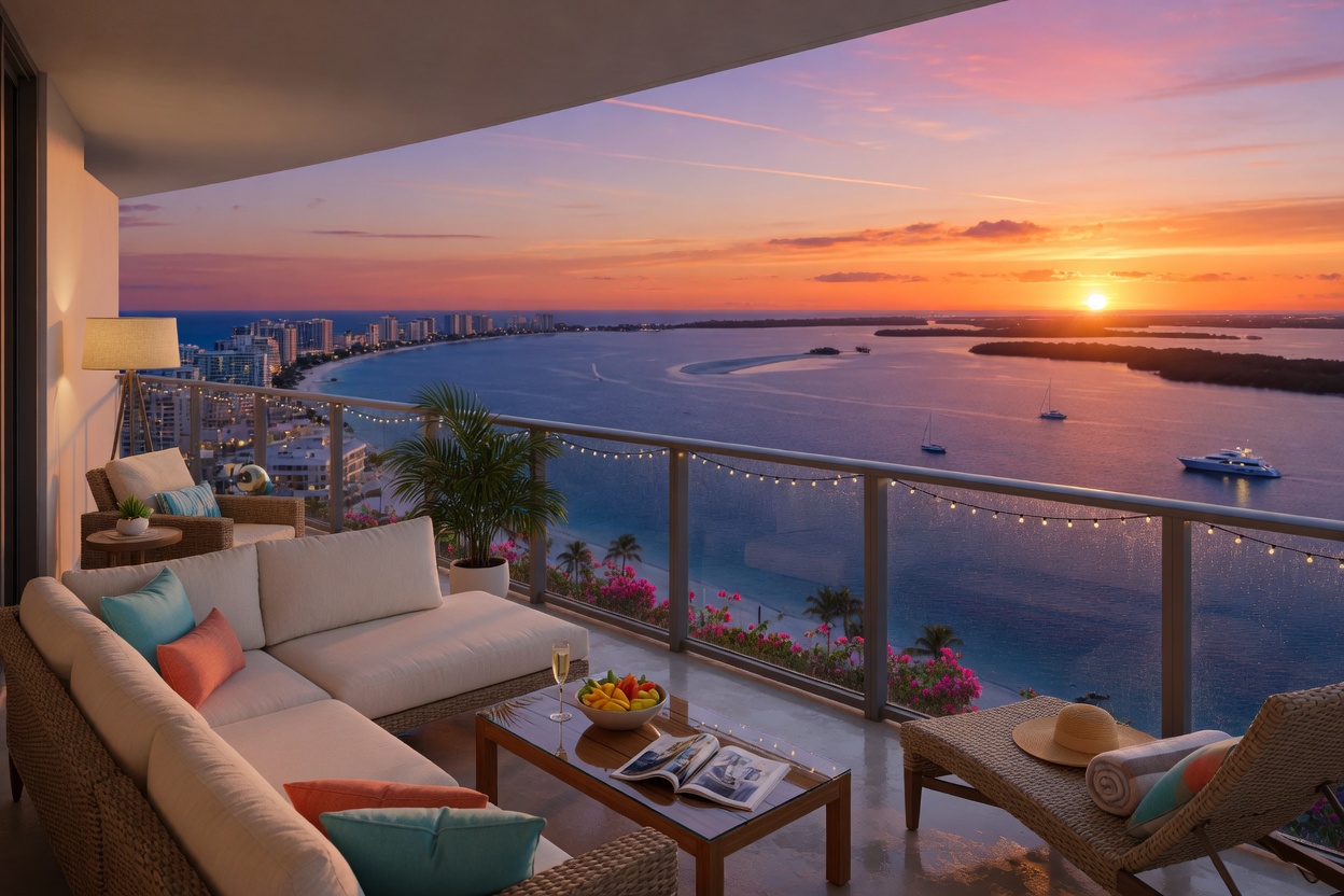 Professional 8K real estate photography of a Marco Island high-rise condominium balcony overlooking the Gulf of Mexico at sunset with luxury outdoor furniture, vibrant colors, photorealistic detail