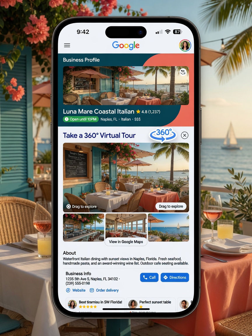 Photorealistic 8K screenshot of a mobile device displaying a Google Business Profile for a Naples Florida restaurant featuring an embedded 360 virtual tour, high detail UI elements, outdoor cafe setting visible