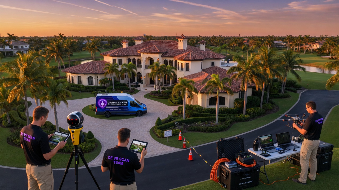 Cinematic ultra-realistic 8K aerial view of the Digital Empire VR scanning team setting up equipment outside a luxury estate in Pelican Bay Naples Florida, palm trees, high-end architecture, golden hour lighting